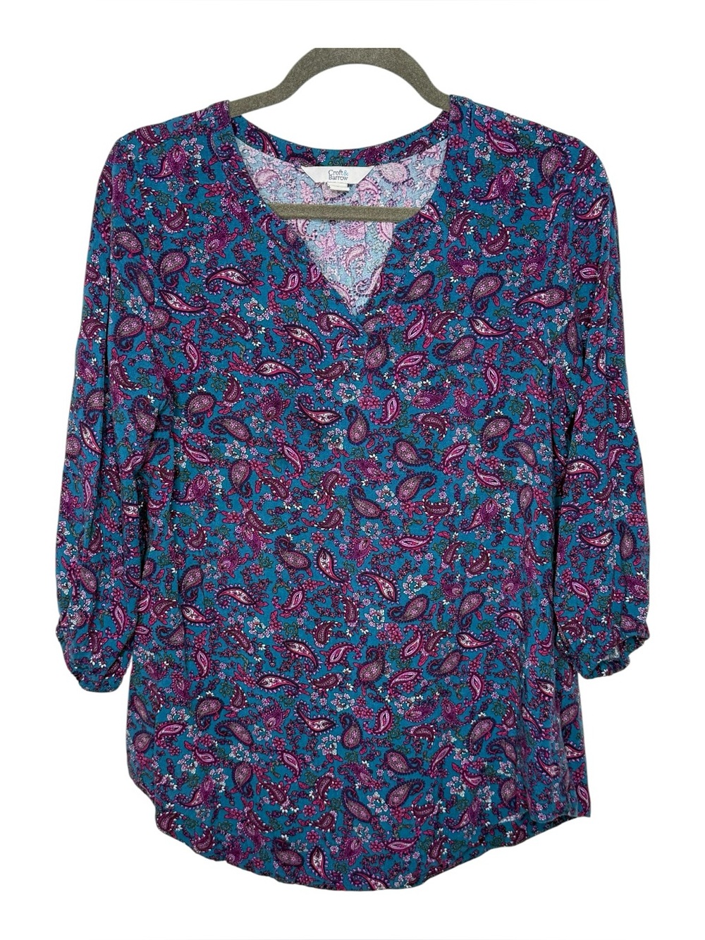 Croft & Barrow Teal and Purple Paisley V-Neck Tunic Rayon 3/4 Sleeves | GUC